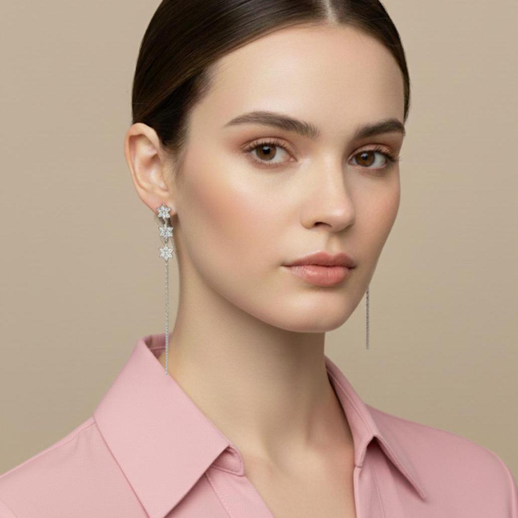 Pendientes Plata Tres Flor Con Circonitas 7 Cm - Joyería Ora Madrid